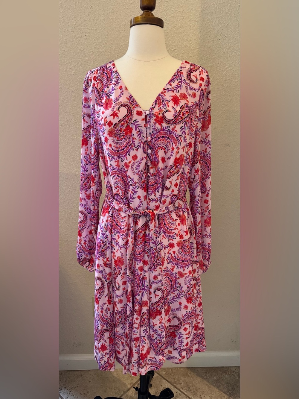 Lands' End Pink Paisley-Print Long Sleeve Tie-Waist Dress